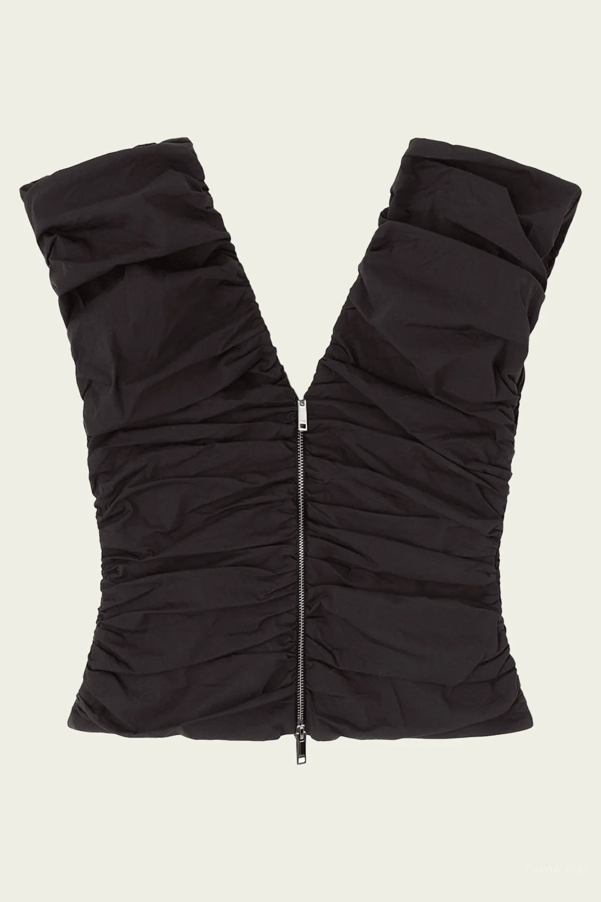 Puff-Shoulder Ruched Top in Black