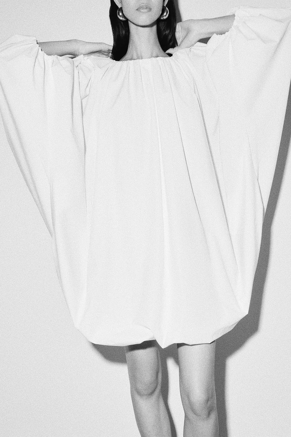 Ruched Bell Sleeve Mini Dress in White - Image 2