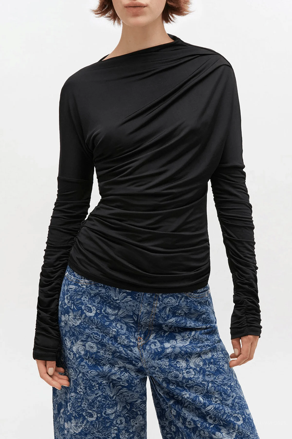 Long-Sleeve Ruched Top in Black - Image 2