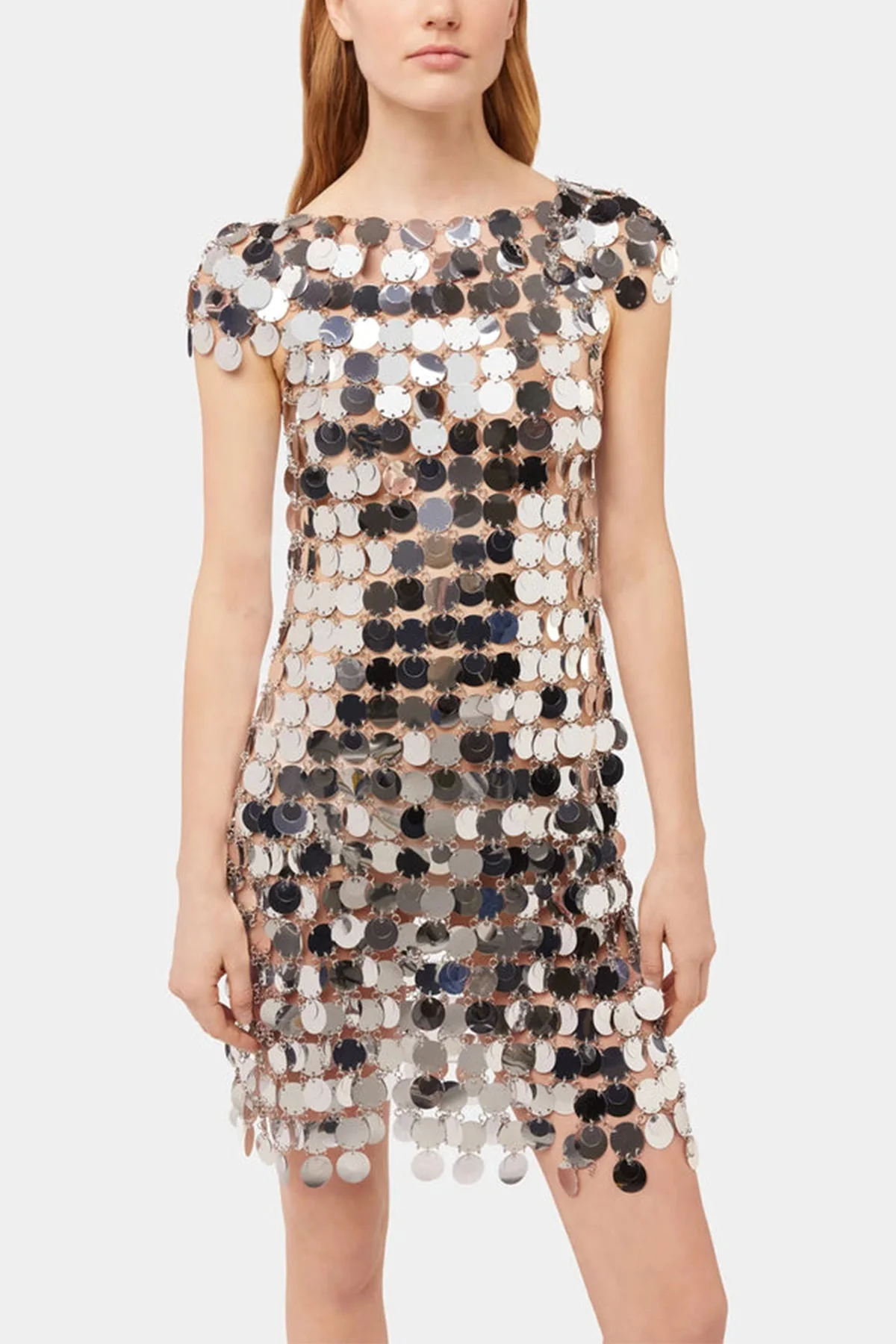 Sequin Chain-Disc Mini Dress in Silver - Image 2