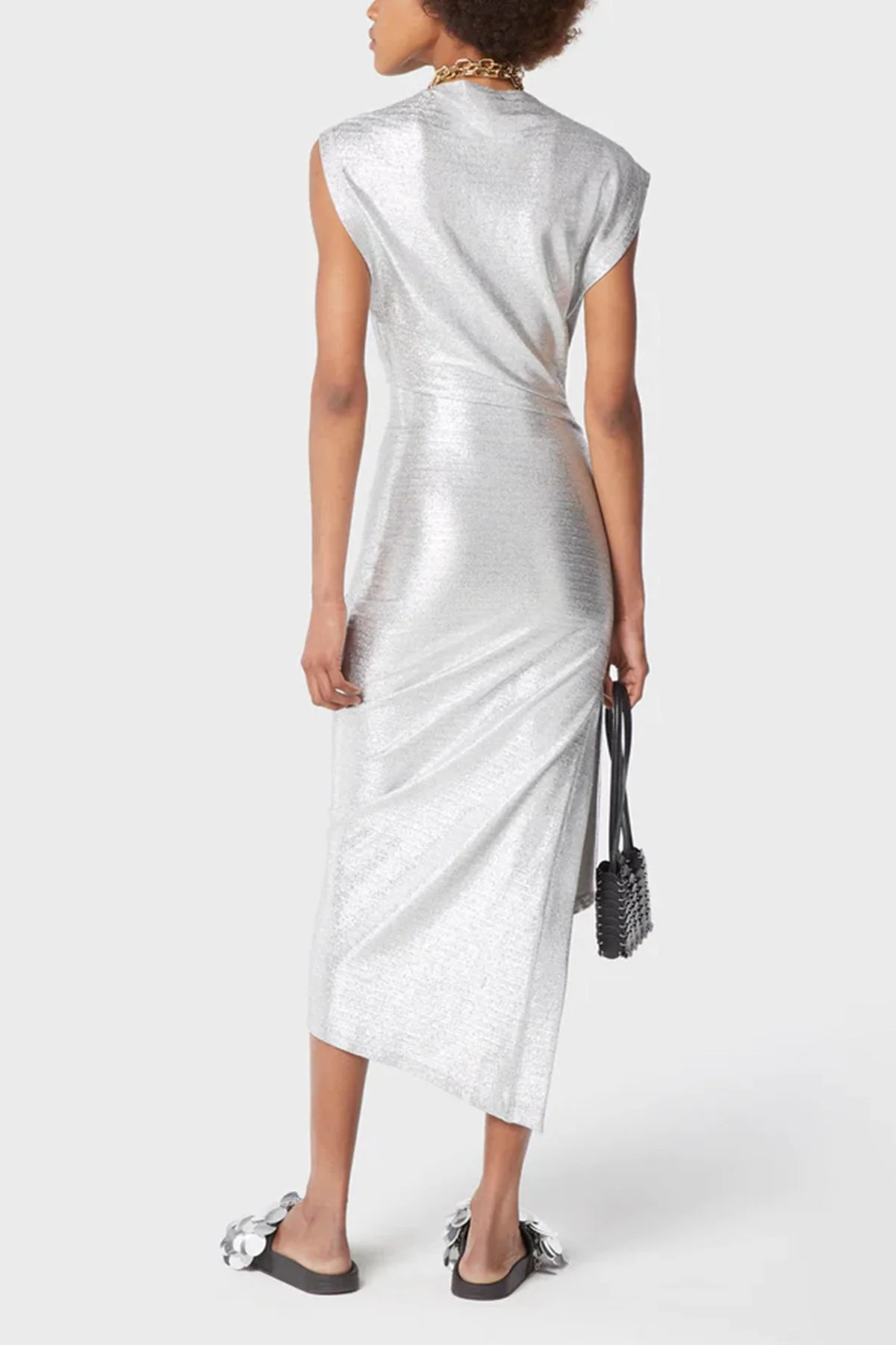 Side Gathered-Detail Midi Dress in Silver - Image 3