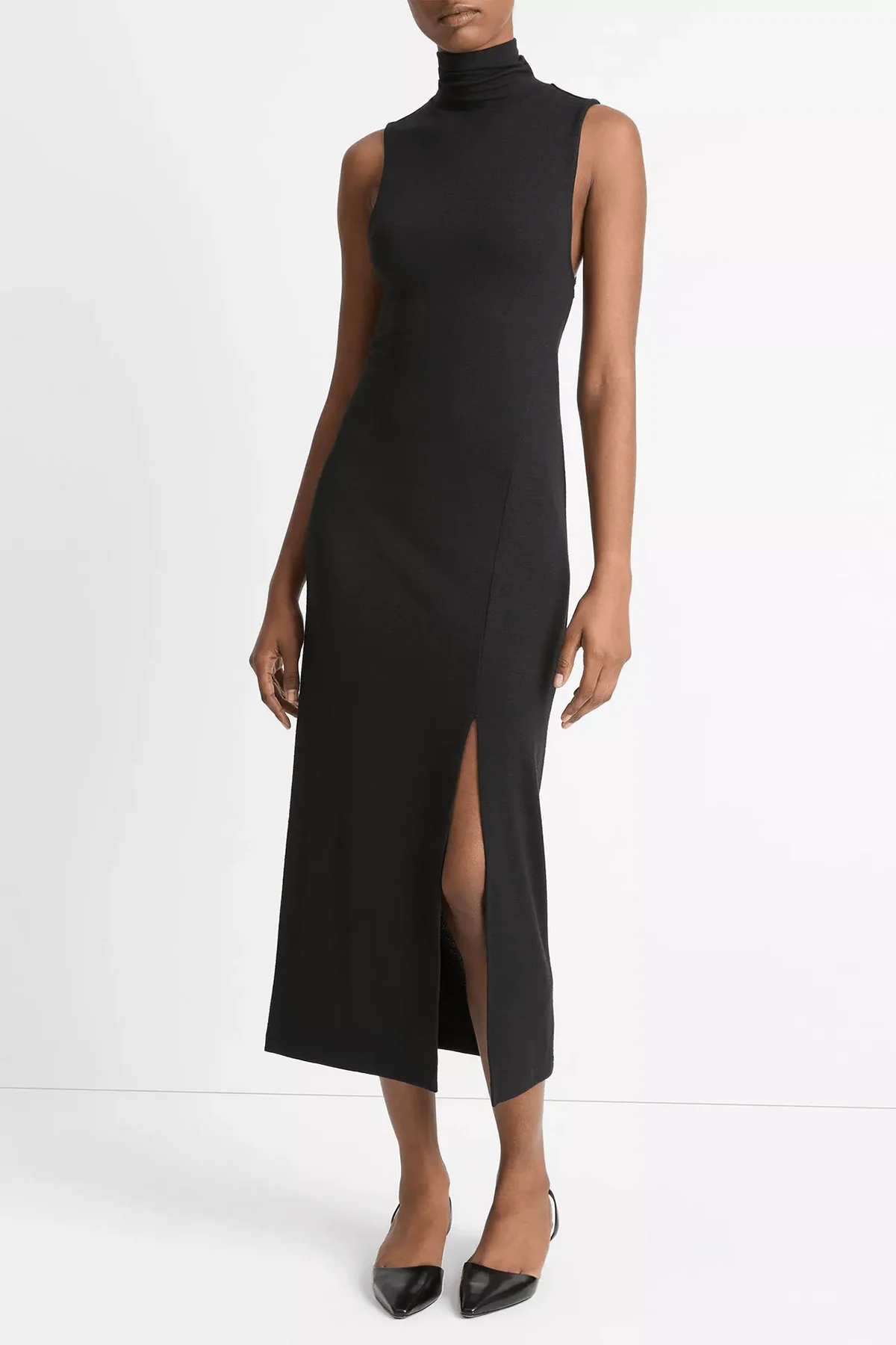 Side-Slit Sleeveless Turtleneck Dress in Black - Image 2