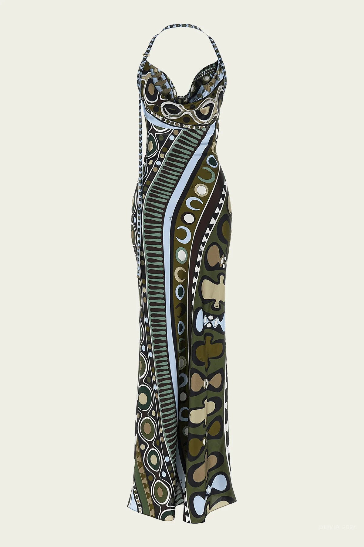 Soleil-Print Satin Dress in Khaki Blue