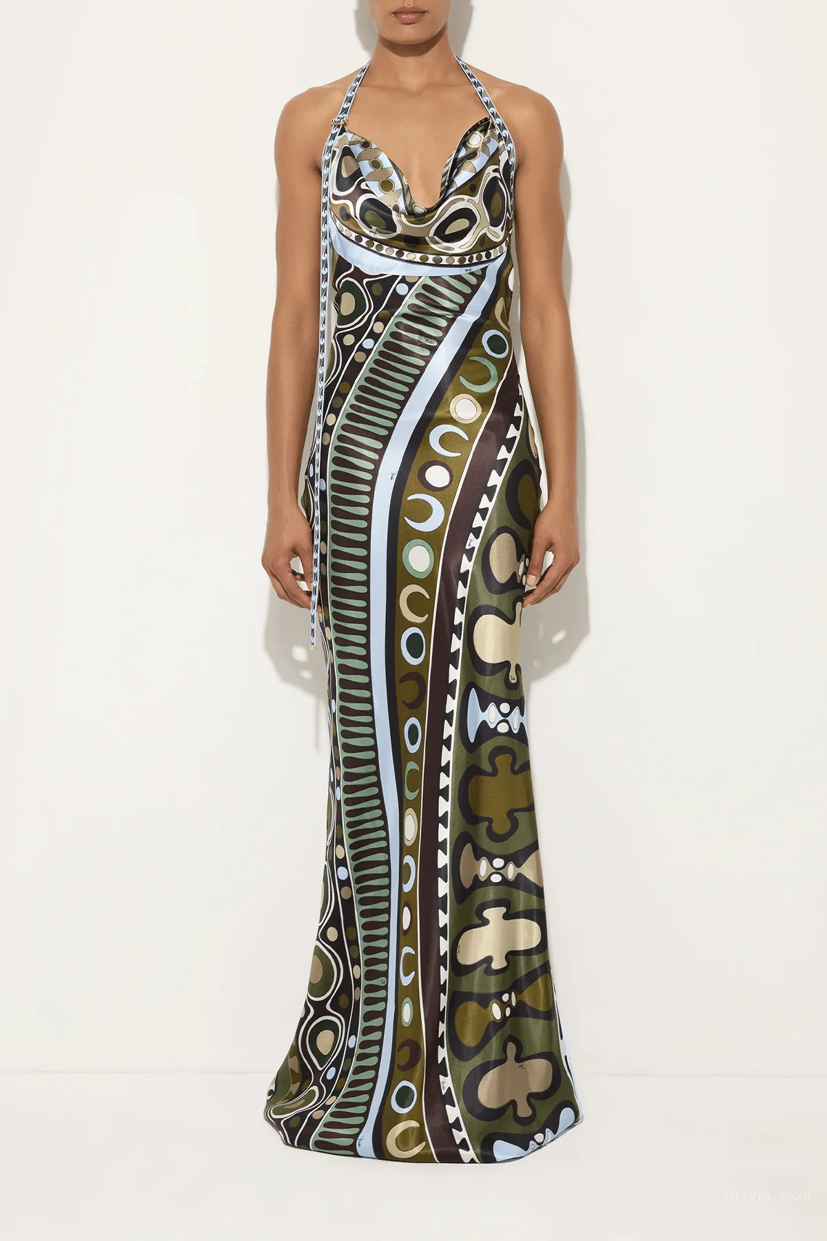 Soleil-Print Satin Dress in Khaki Blue - Image 2