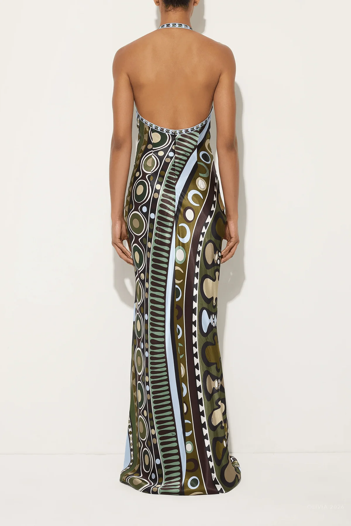 Soleil-Print Satin Dress in Khaki Blue - Image 3