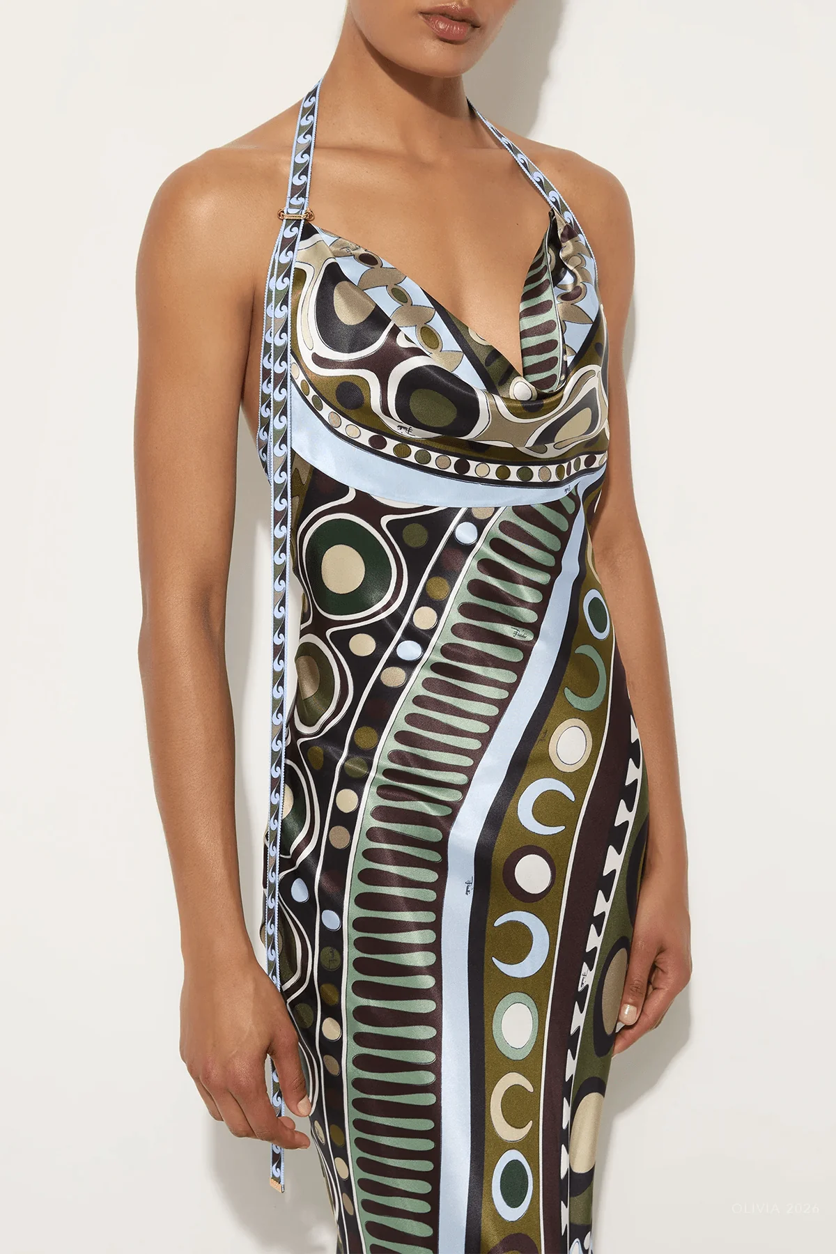 Soleil-Print Satin Dress in Khaki Blue - Image 4