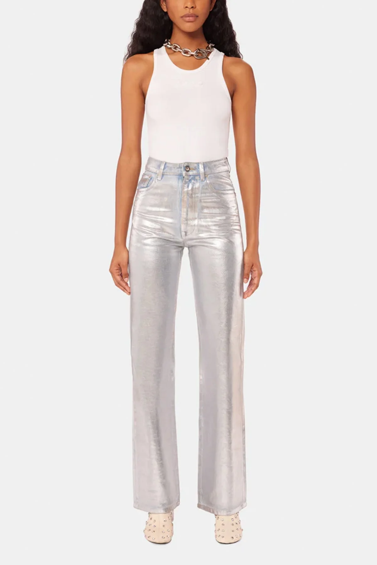 Straight Metallic Paint Effect Jeans in Light Silver - Image 2