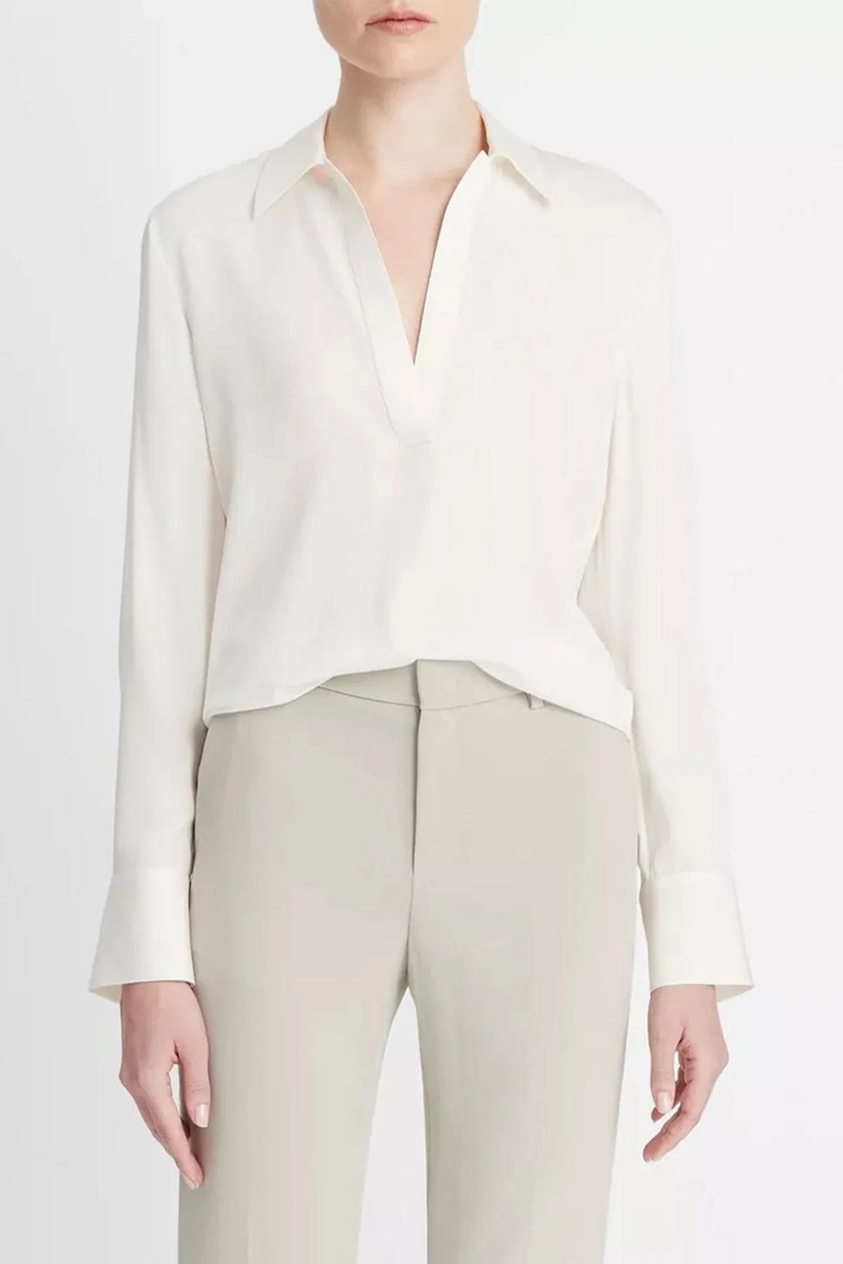 Stretch-Silk Long-Sleeve Polo Blouse in Off-White - Image 2