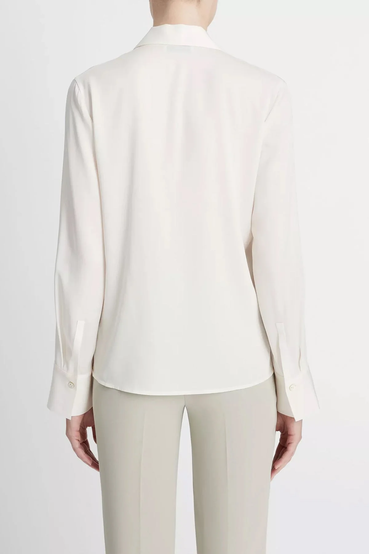 Stretch-Silk Long-Sleeve Polo Blouse in Off-White - Image 3