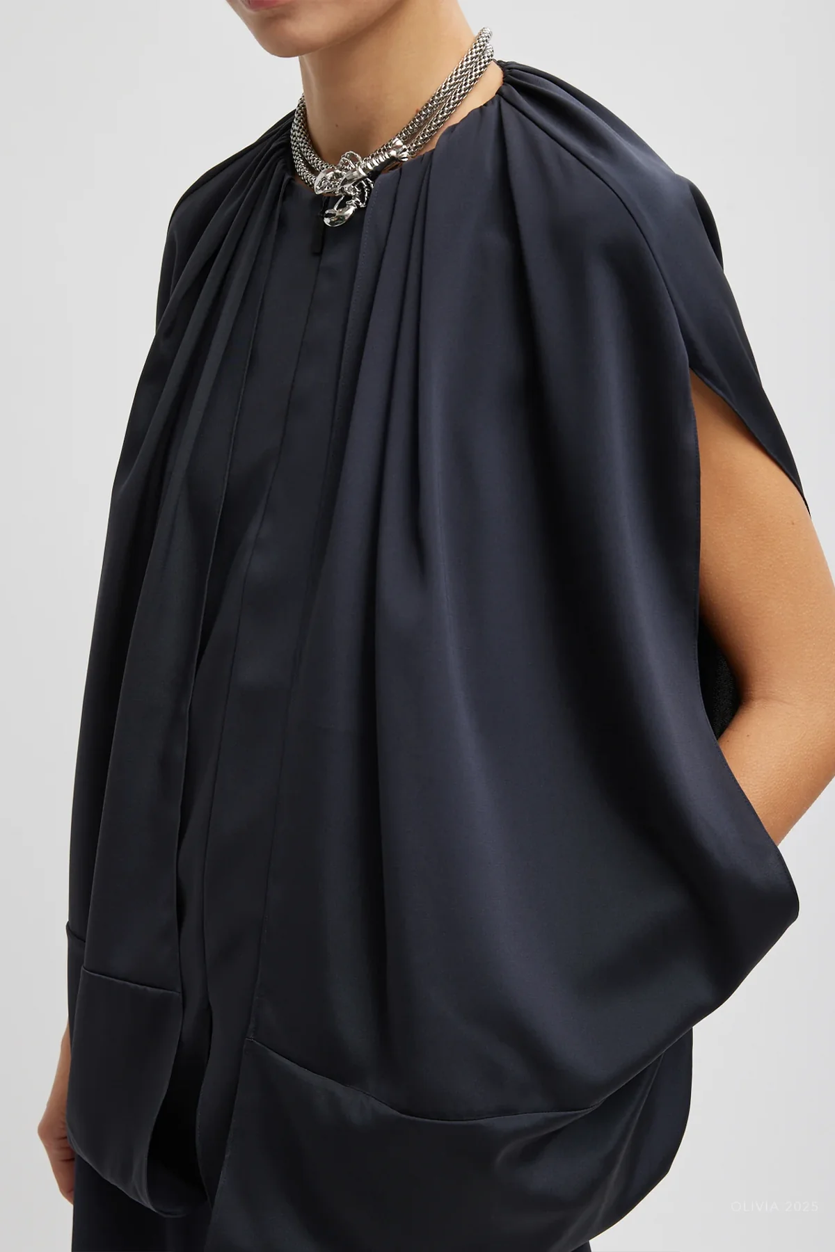 Stretch Silk Nylon Cape Top in Dark Navy - Image 3