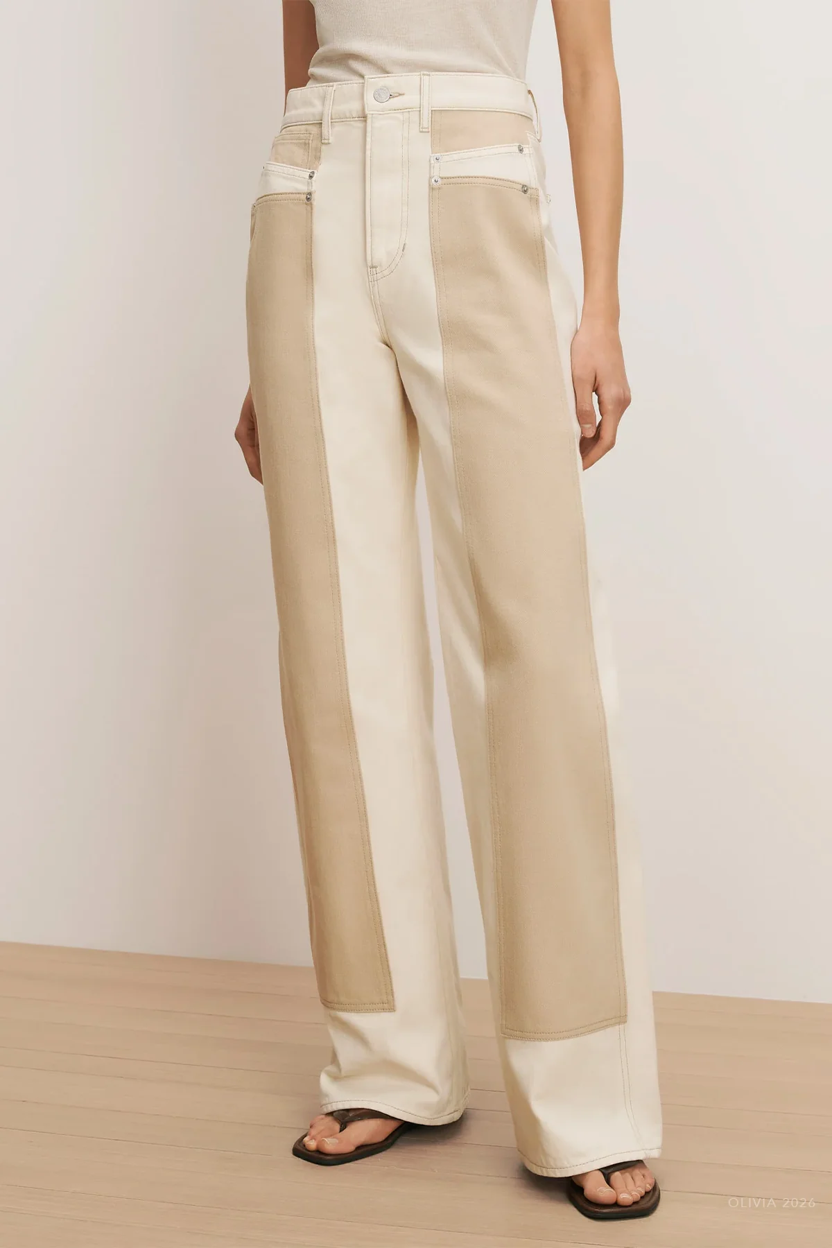 Taylor Color-Block Wide-Leg Jean in Ecru Stone Khaki - Image 2