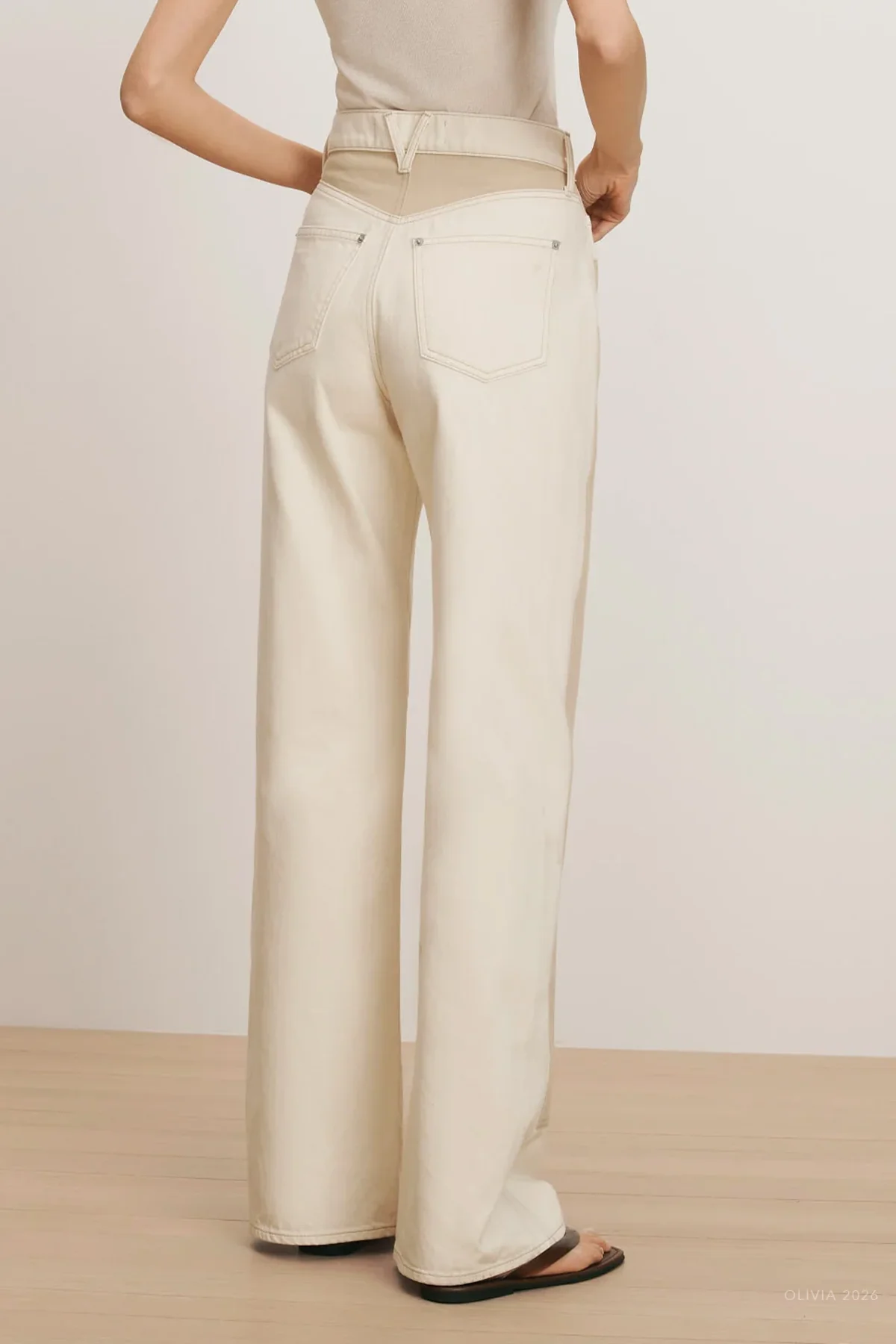 Taylor Color-Block Wide-Leg Jean in Ecru Stone Khaki - Image 3
