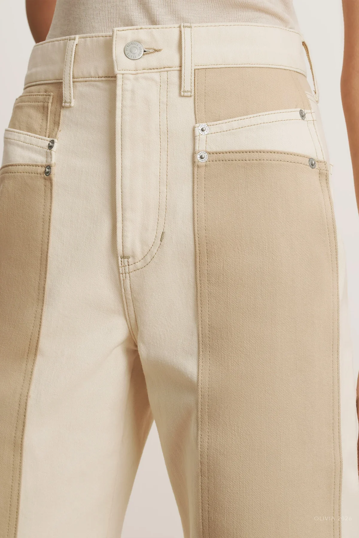 Taylor Color-Block Wide-Leg Jean in Ecru Stone Khaki - Image 4