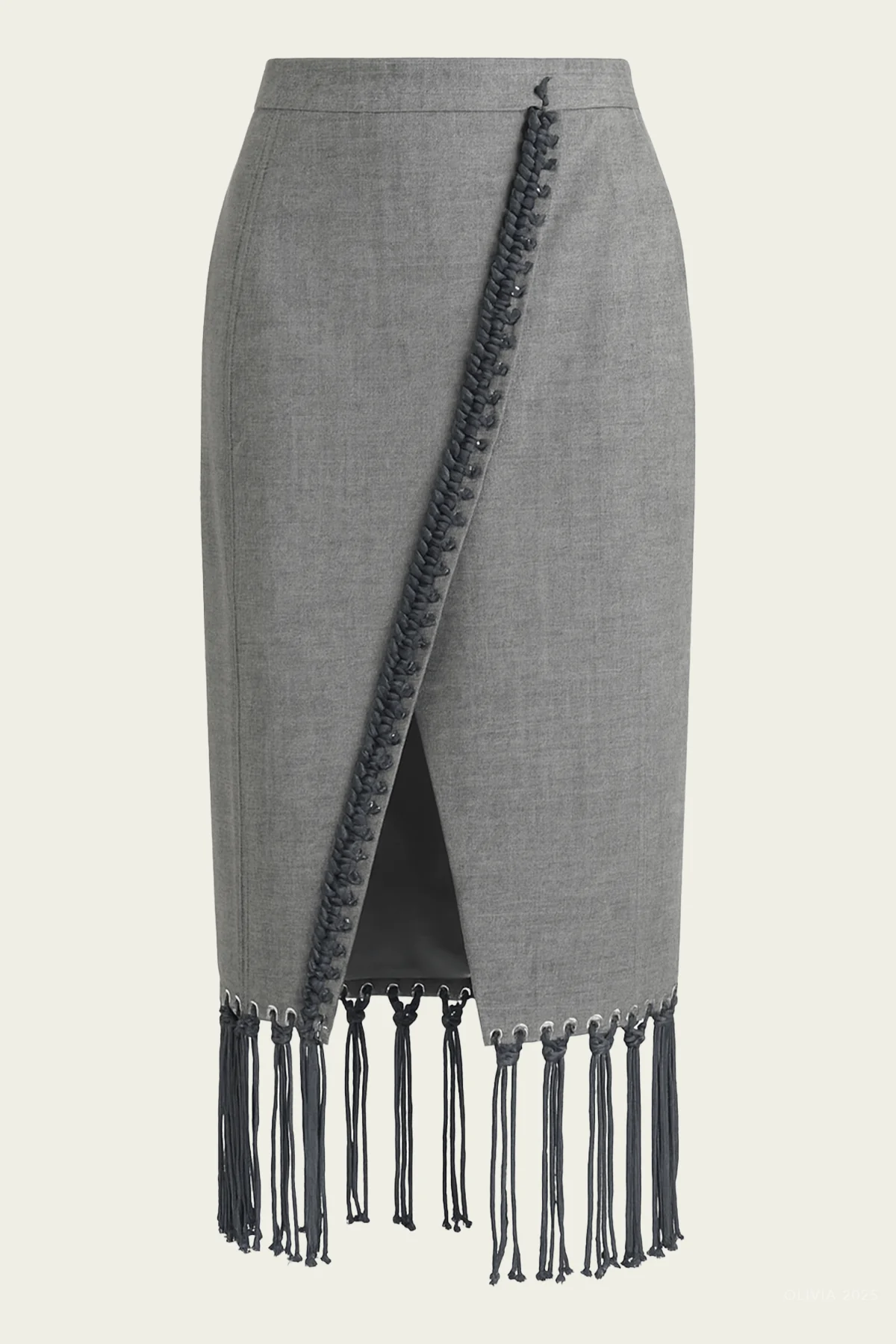Techy Bonded Wool Crochet Trim Skirt in Grey