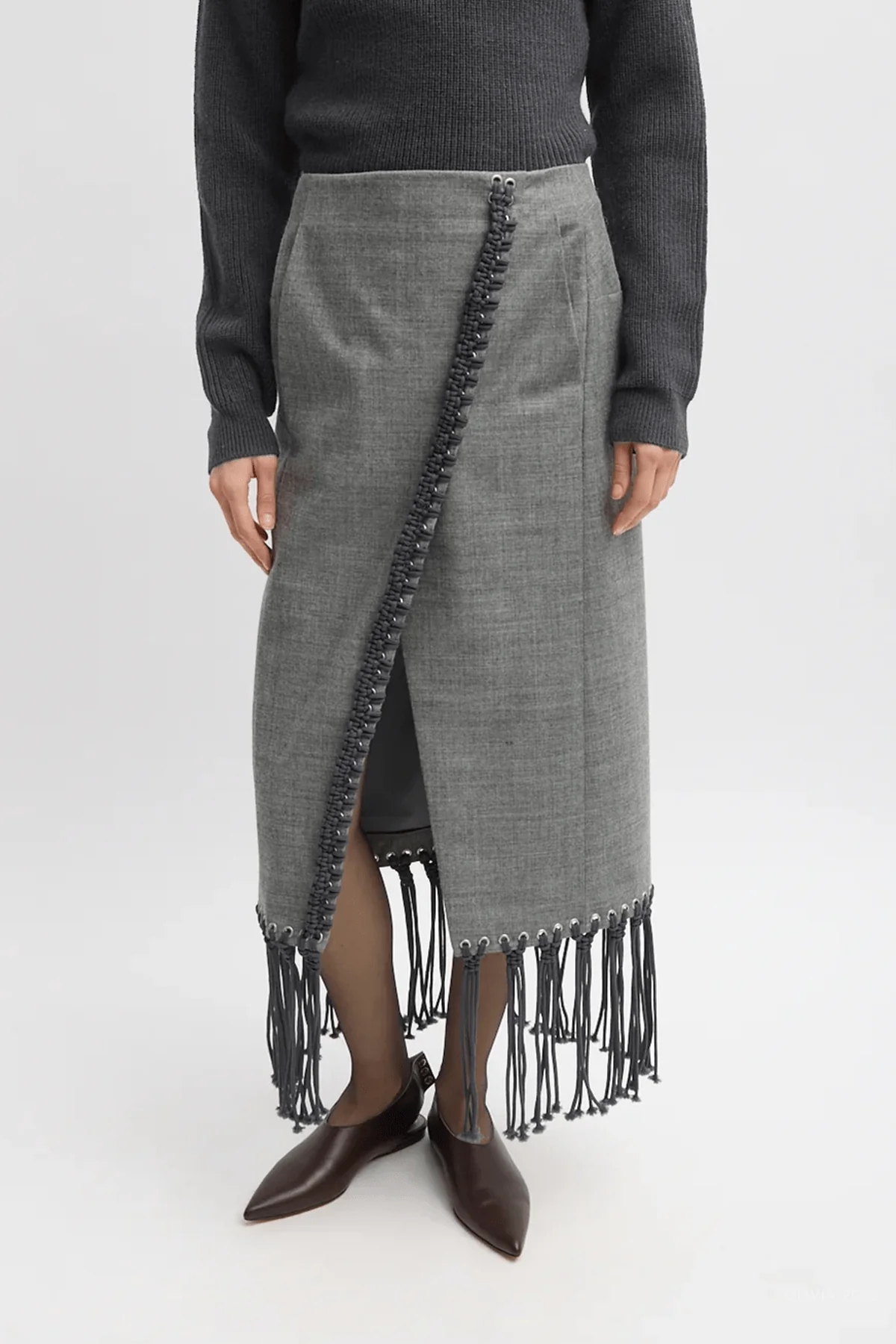 Techy Bonded Wool Crochet Trim Skirt in Grey - Image 2