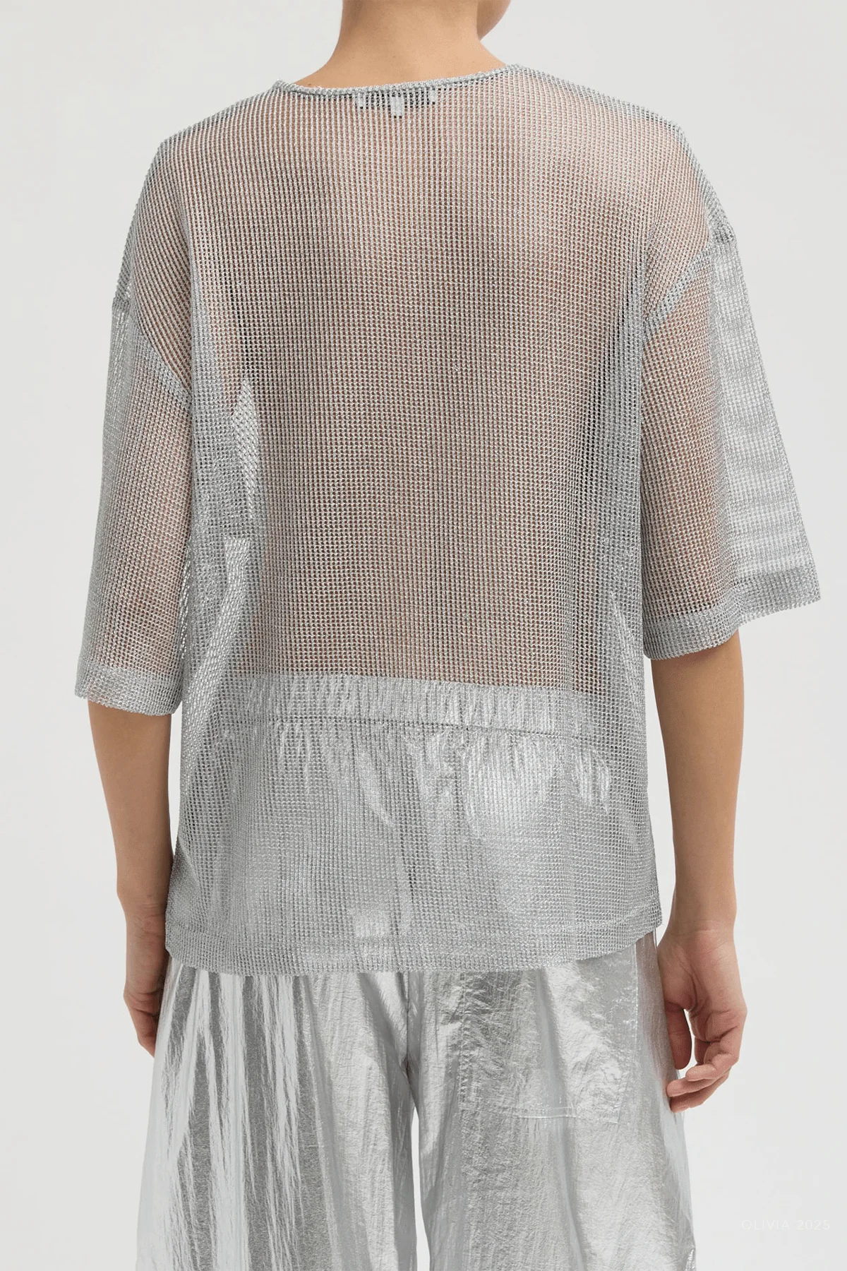 Viscose Metallic Mesh Easy T-Shirt in Silver - Image 3