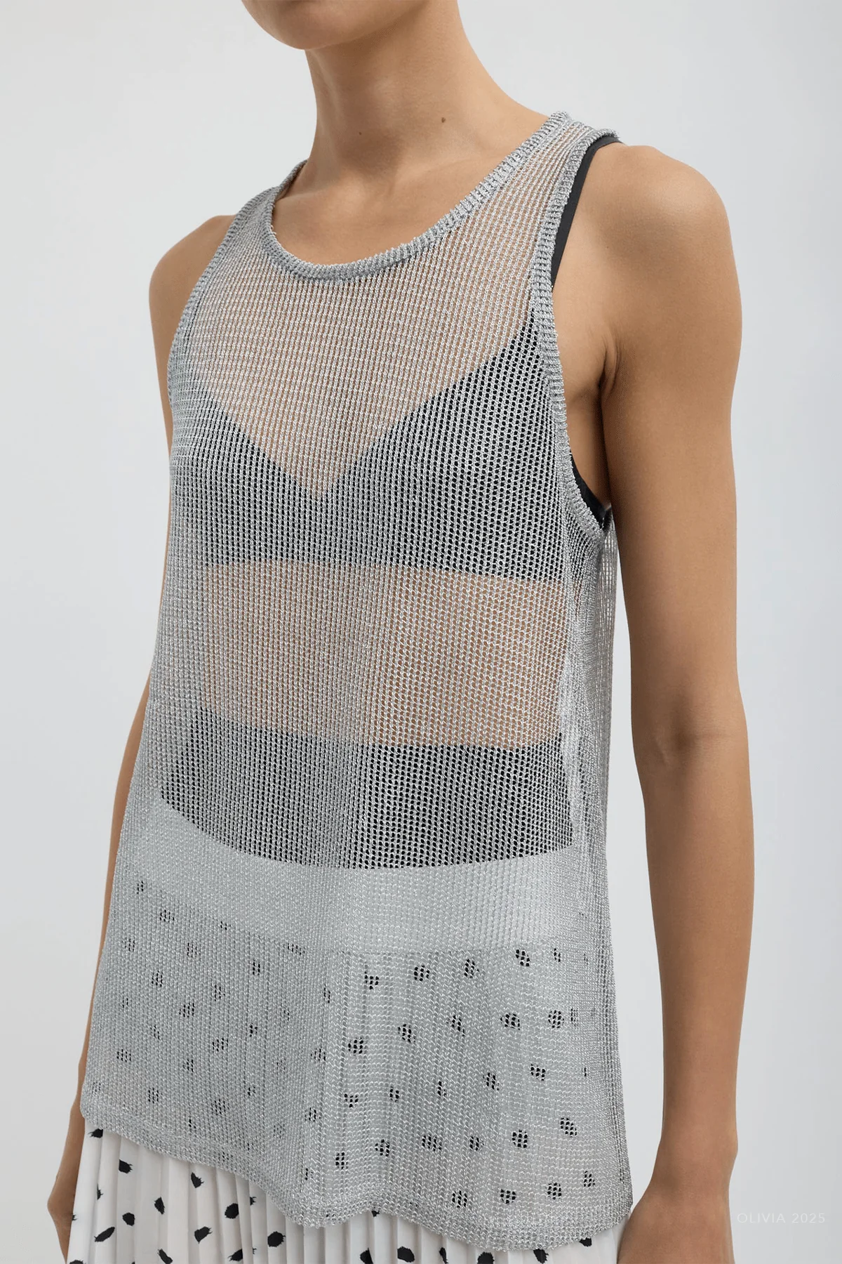 Viscose Metallic Ribbed Tank in Silver - Image 2