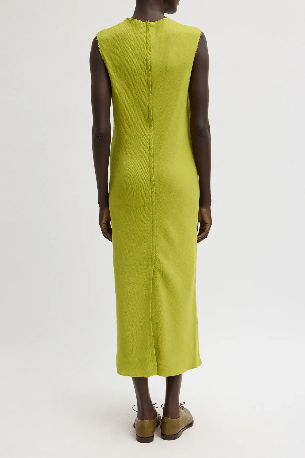 Viscose Plisse Sleeveless Bias Dress in Pea Pod - Image 3