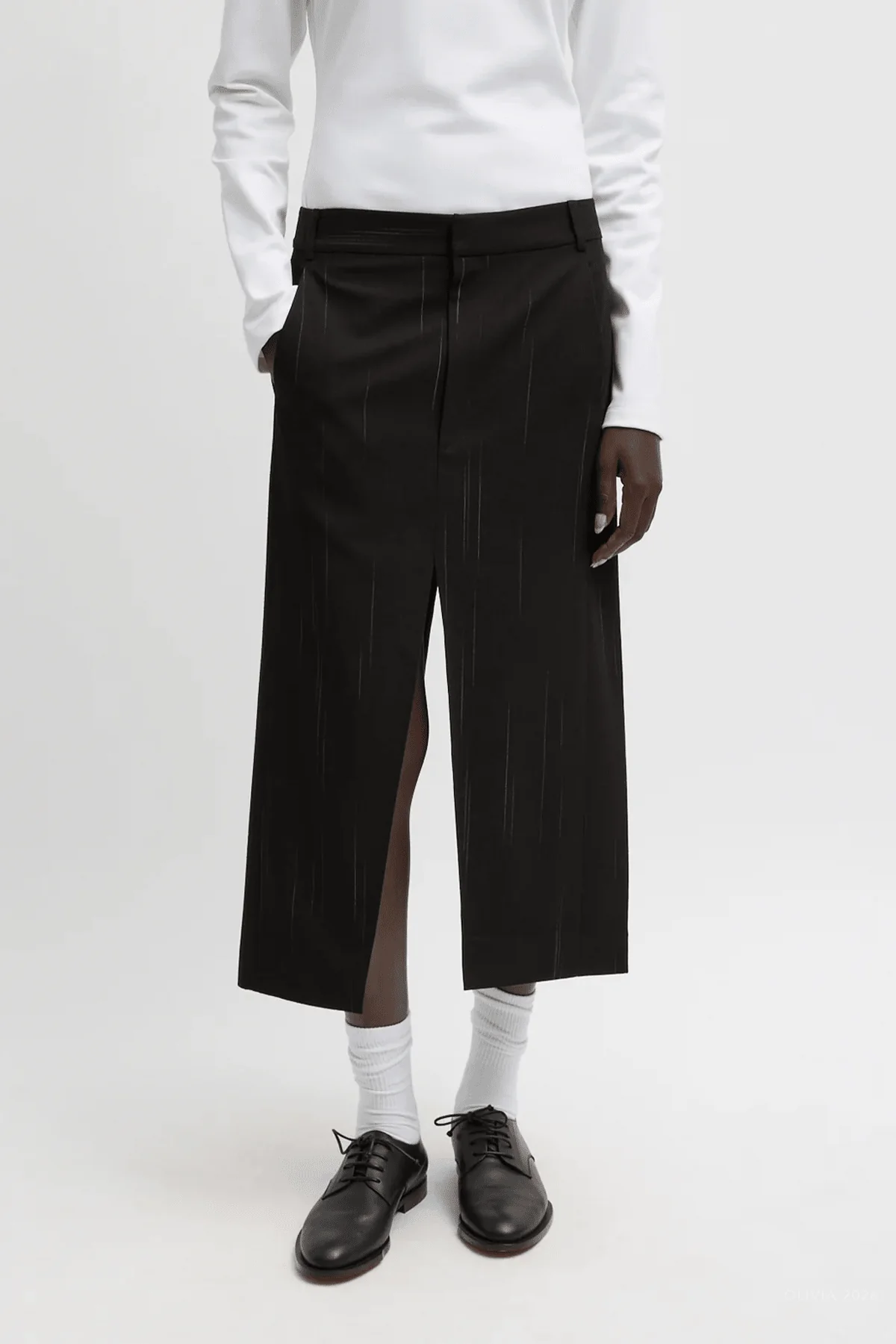 Viscose Suiting Midi Trouser Skirt in Black Multi - Image 2