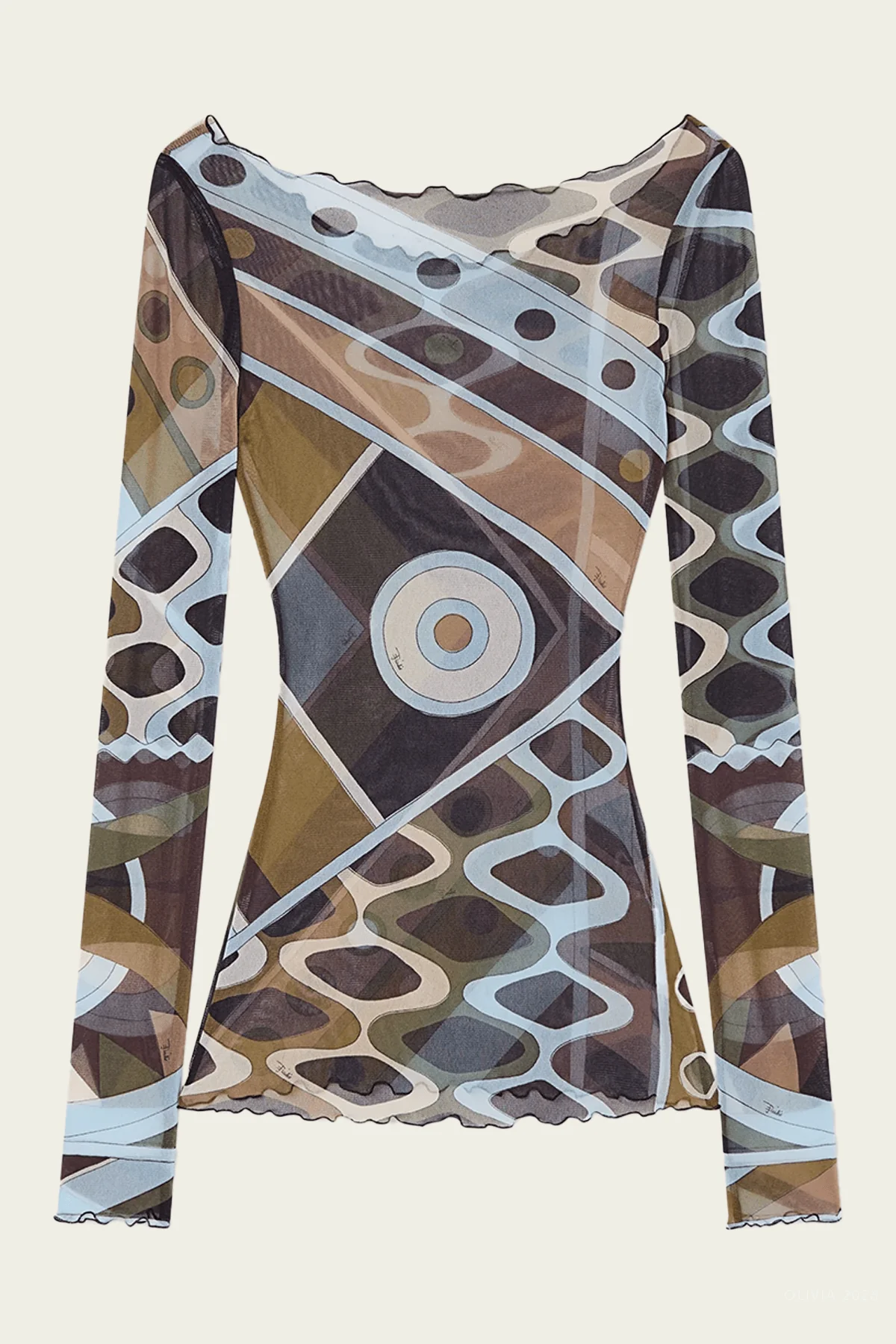 Vivara-Print Long-Sleeve Tulle Top in Khaki Blue