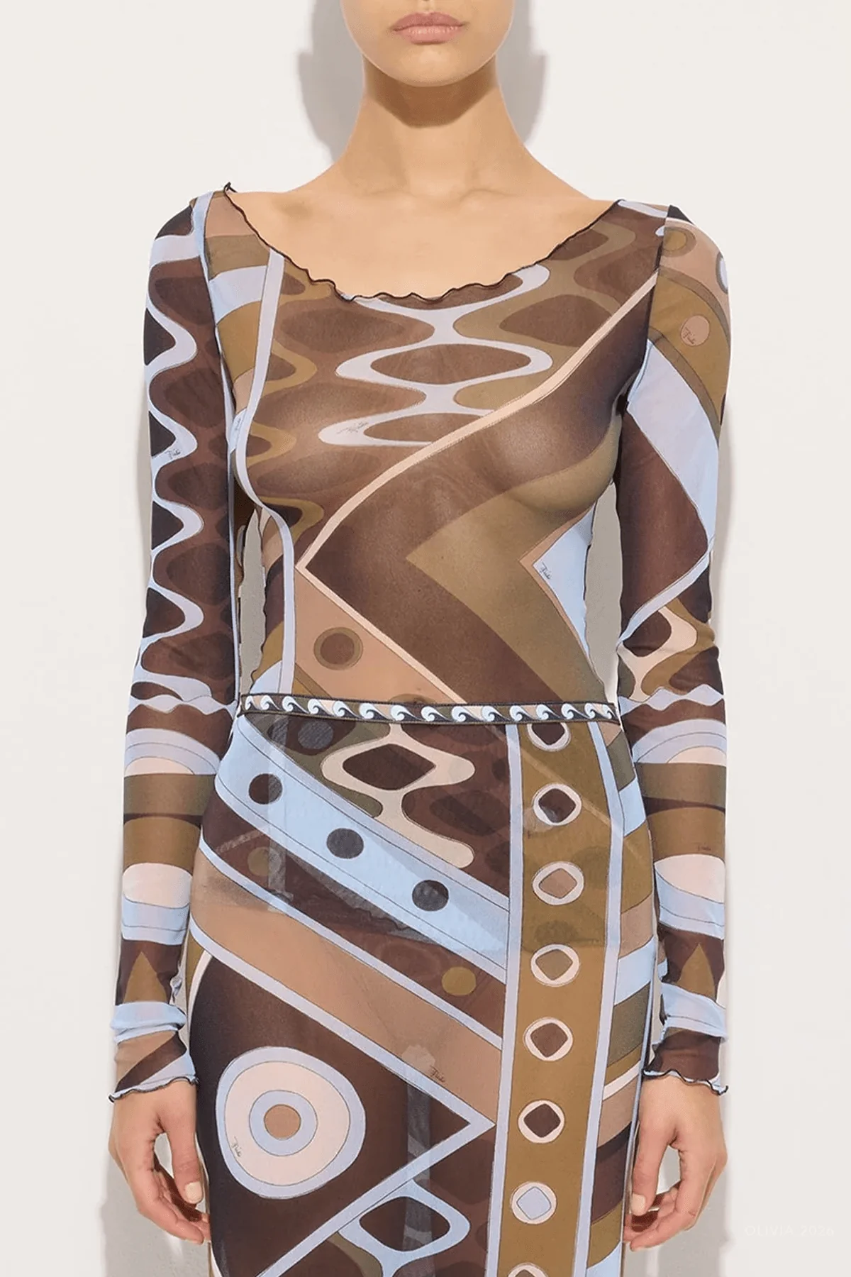 Vivara-Print Long-Sleeve Tulle Top in Khaki Blue - Image 2
