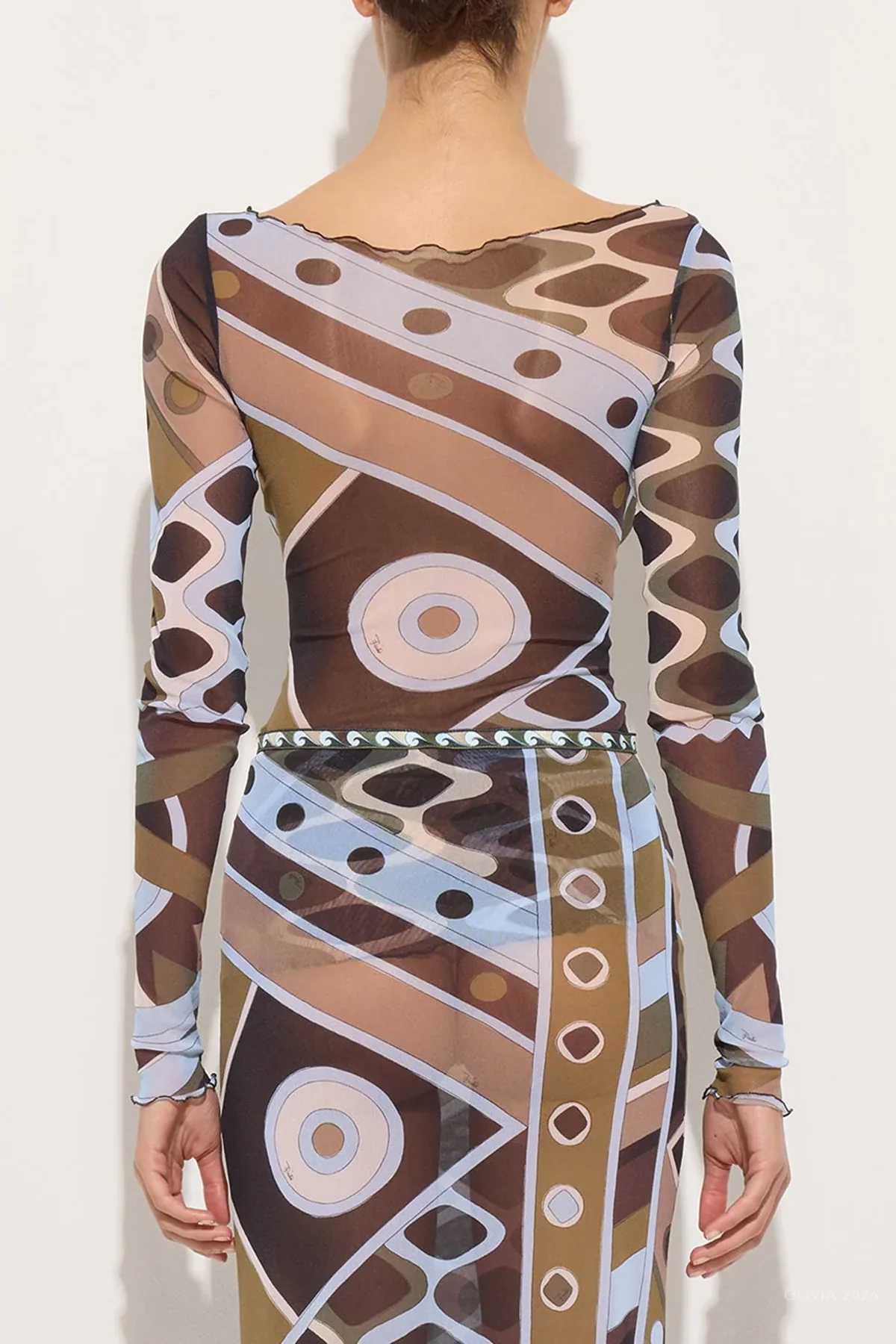 Vivara-Print Long-Sleeve Tulle Top in Khaki Blue - Image 3