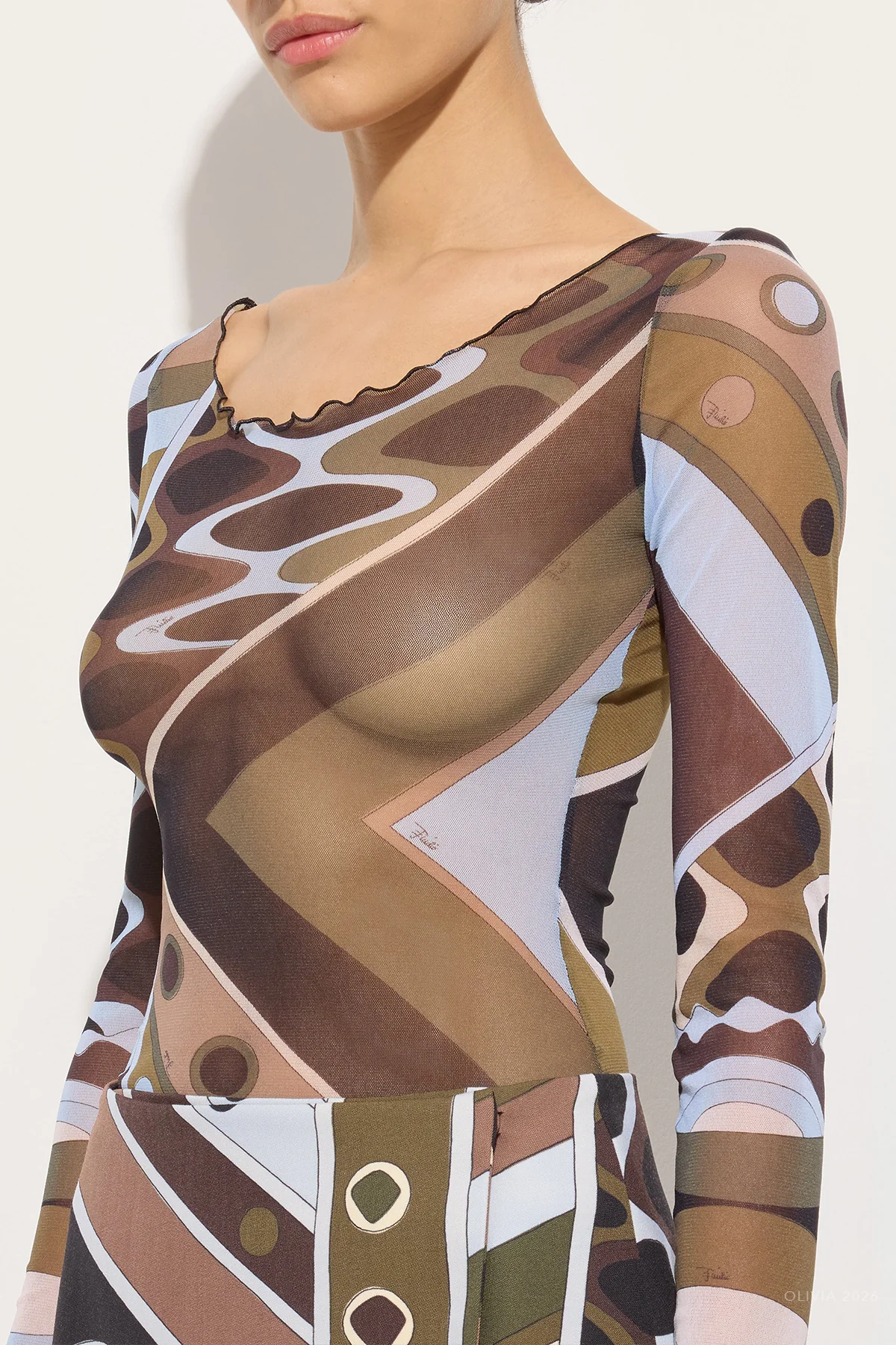 Vivara-Print Long-Sleeve Tulle Top in Khaki Blue - Image 4