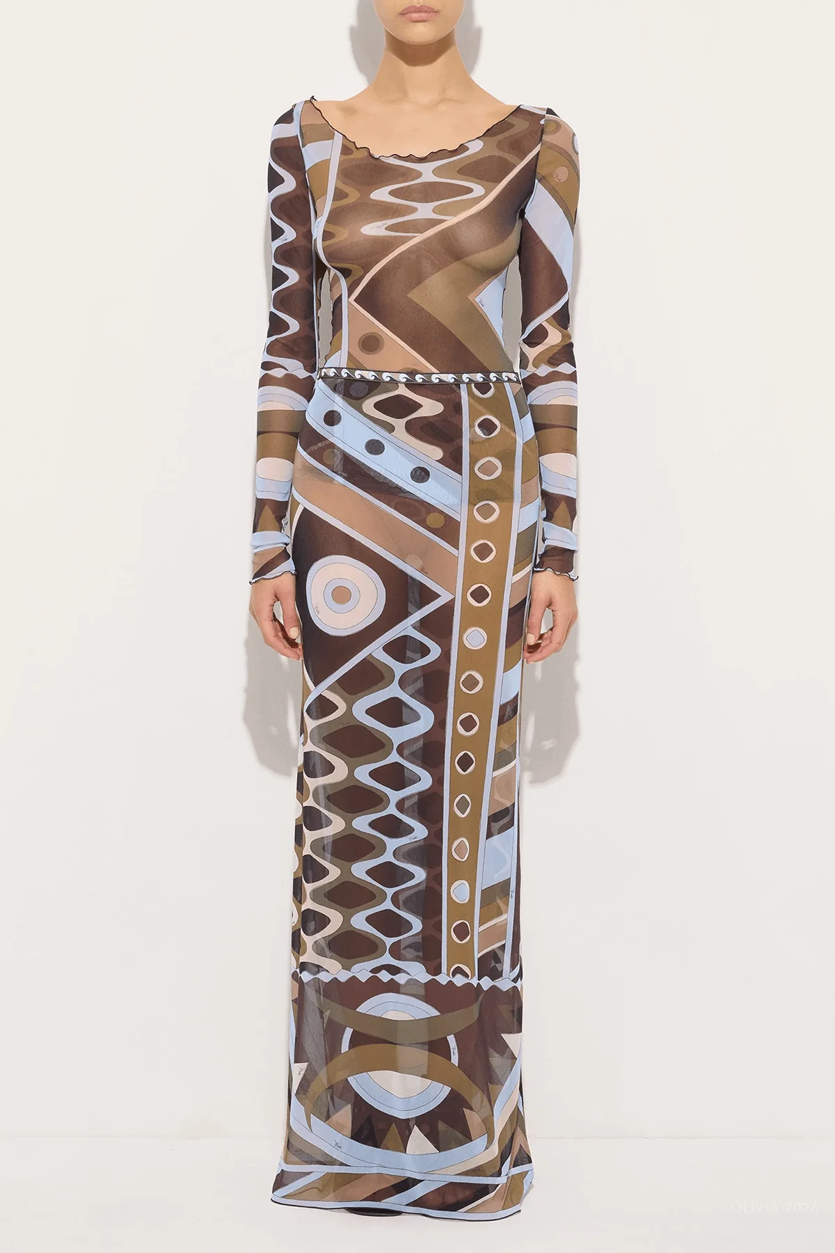 Vivara-Print Long-Sleeve Tulle Top in Khaki Blue - Image 5