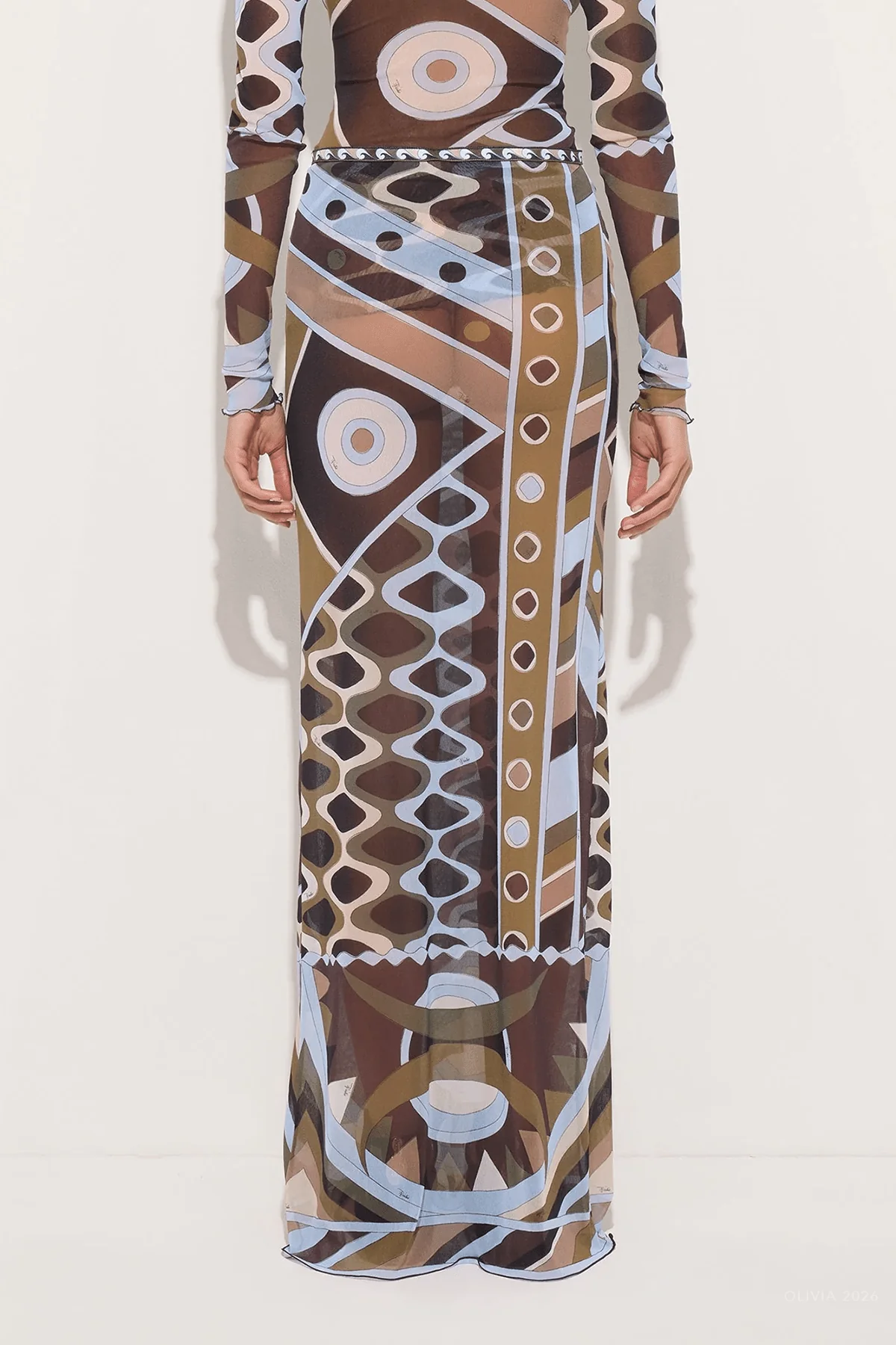 Vivara-Print Long Tulle Skirt in Khaki Blue - Image 3