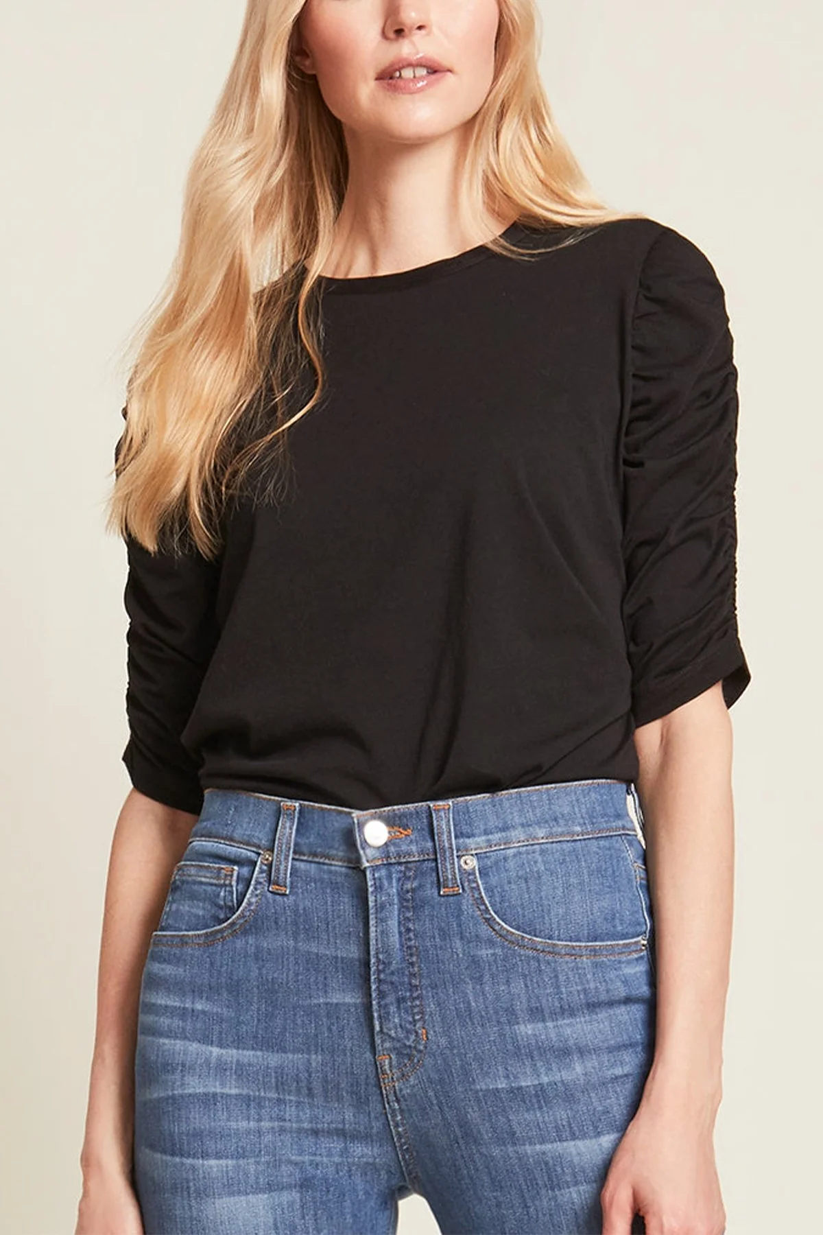 Waldorf Ruched-Sleeve Tee Top in Black - Image 2