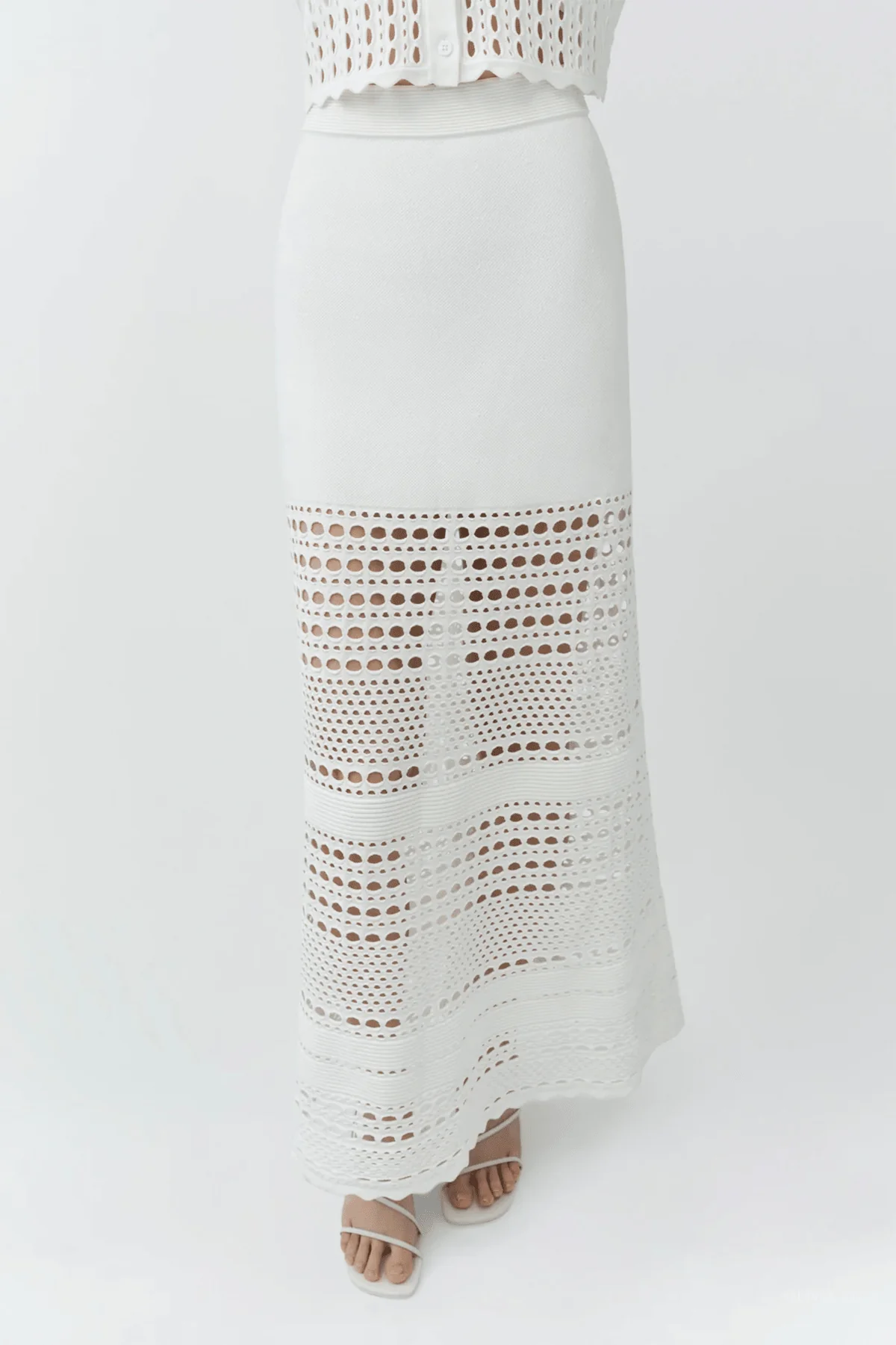 Westly Open Stitch Midi Skirt in Ivory - Image 2
