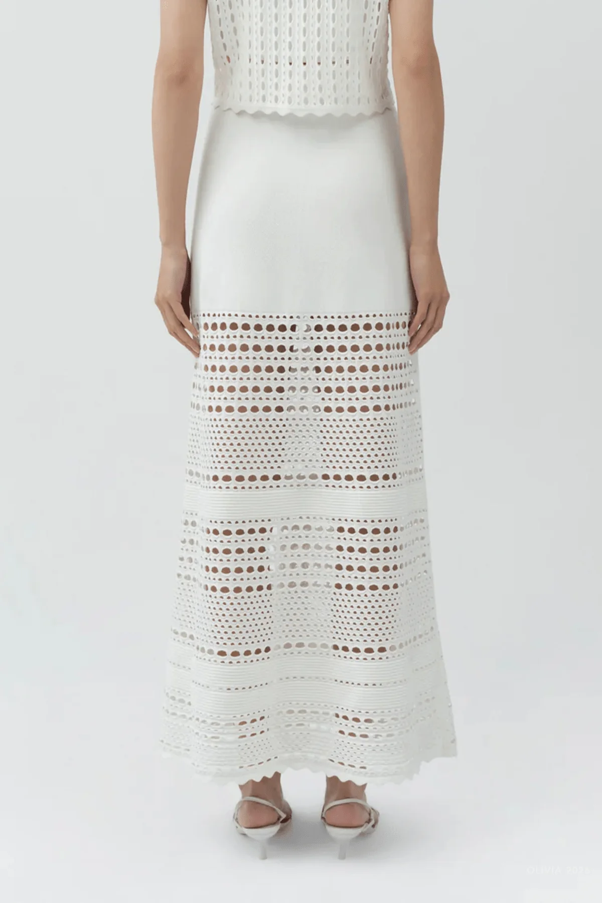 Westly Open Stitch Midi Skirt in Ivory - Image 3