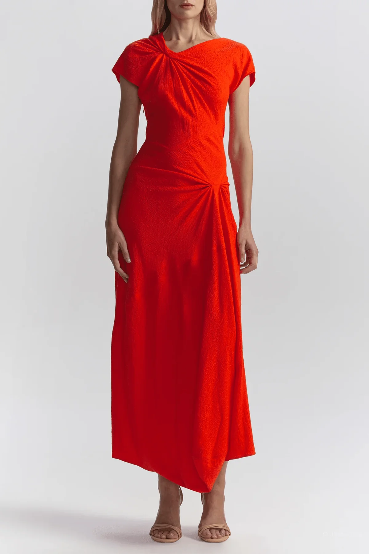 Willa Textured Crepe Midi Dress in Persimmon - Image 2