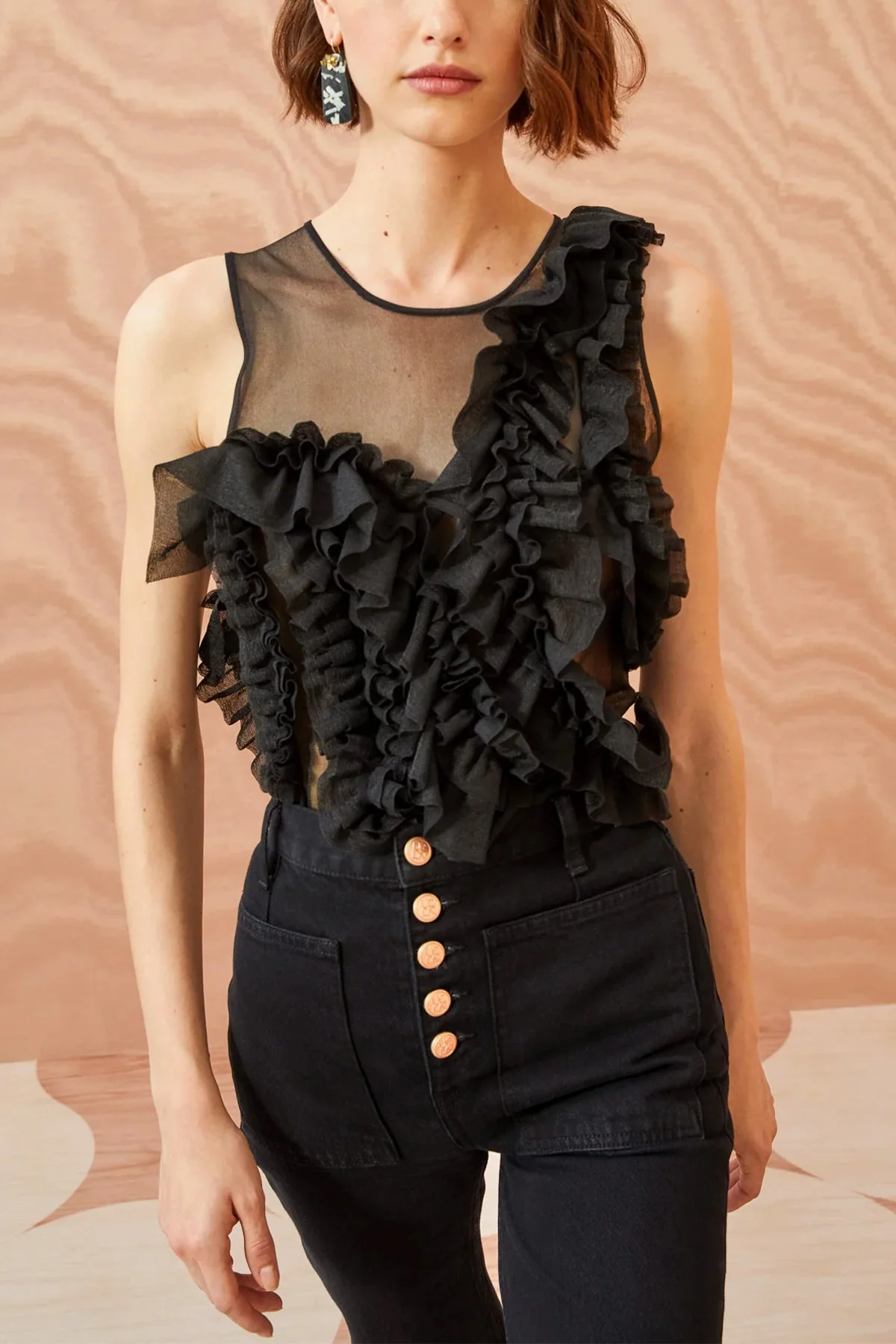 Winnifred Sheer Frilly Top in Noir - Image 2