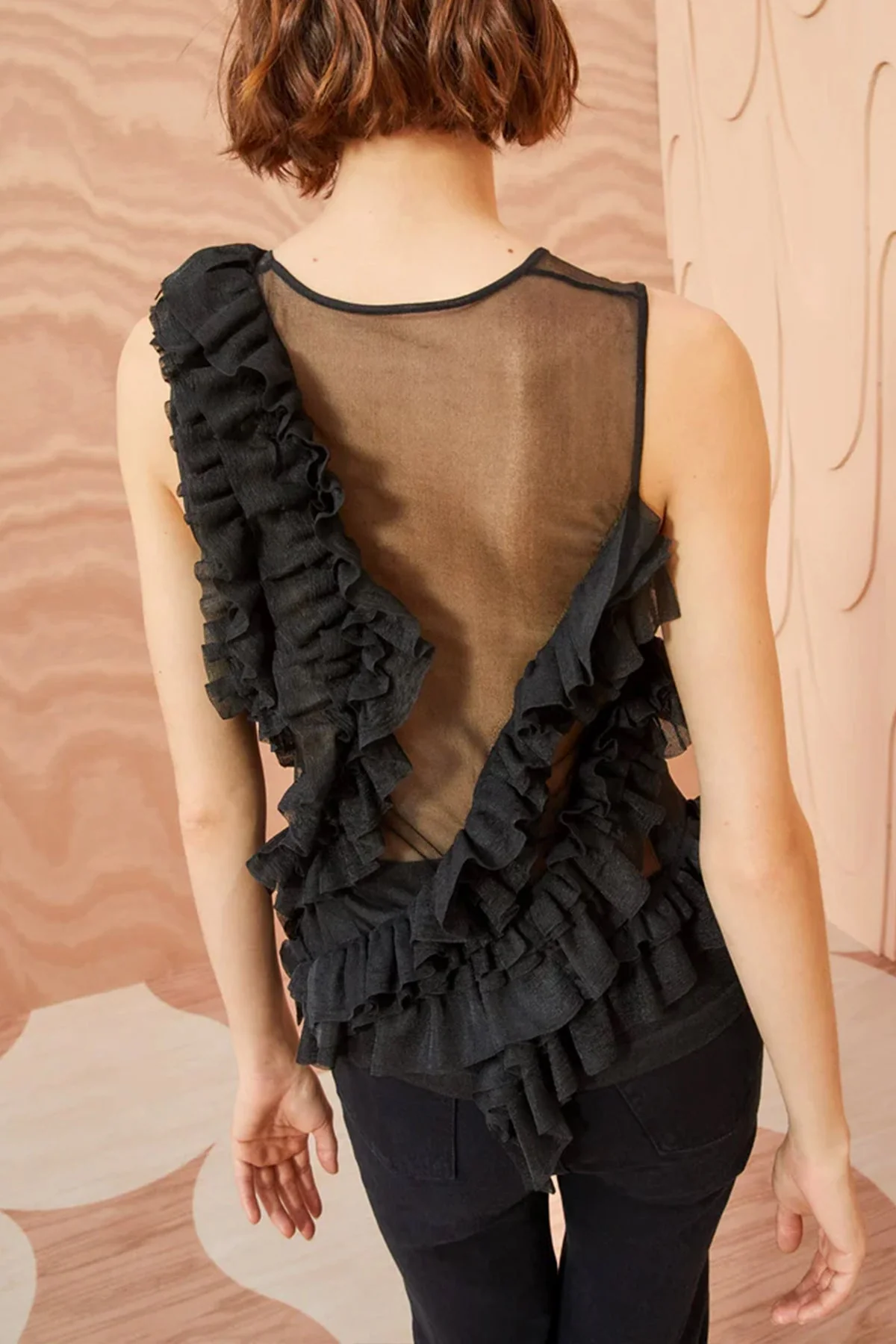 Winnifred Sheer Frilly Top in Noir - Image 3