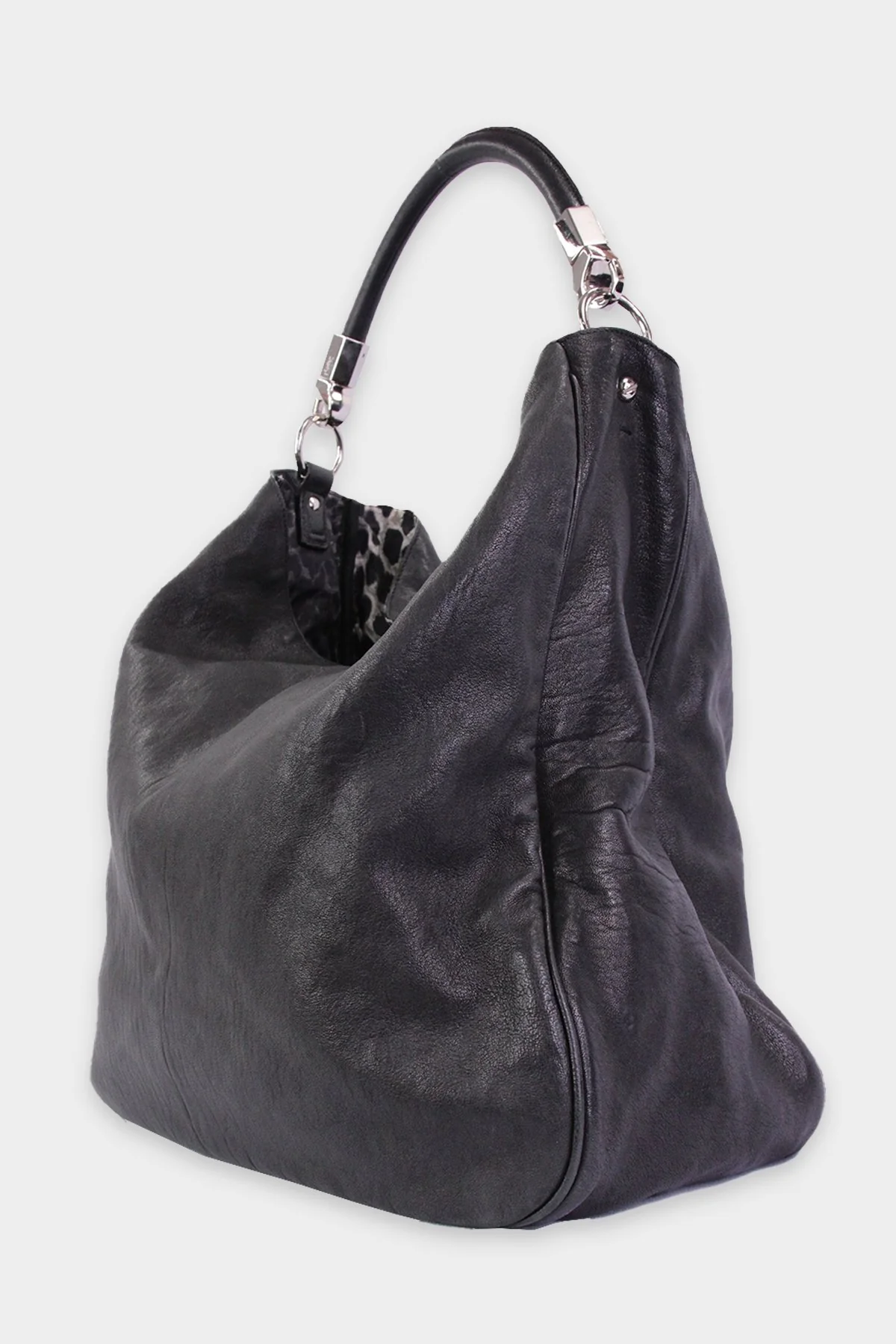 Saint Laurent Black Leather Hobo Handbag with Leopard Print in the Interior - Image 2